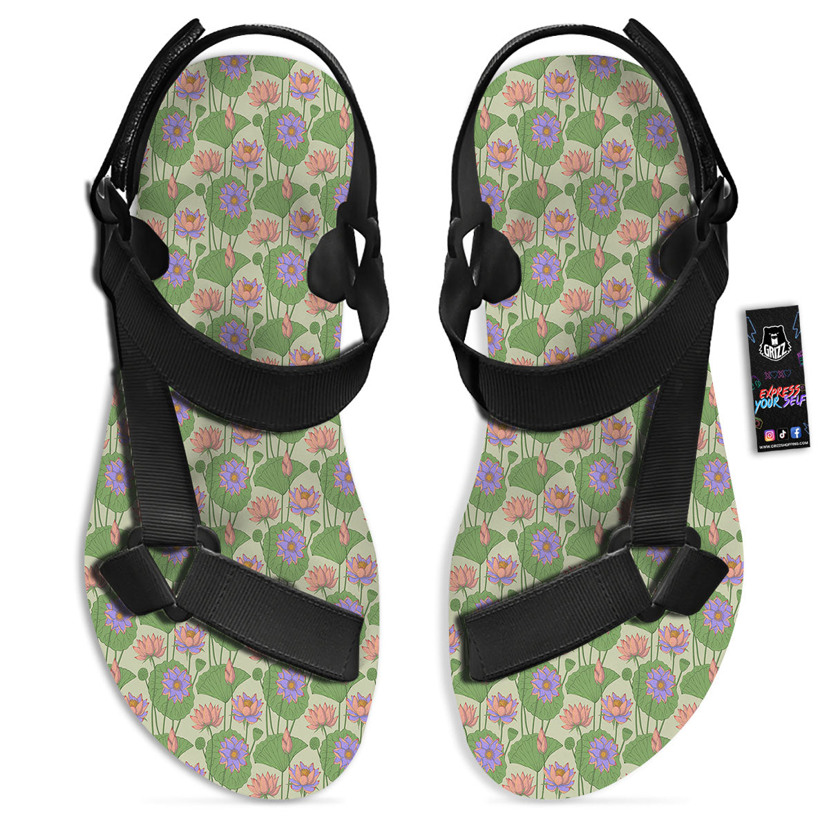 Lotus Leaf And Flower Print Pattern Black Open Toe Sandals-grizzshop