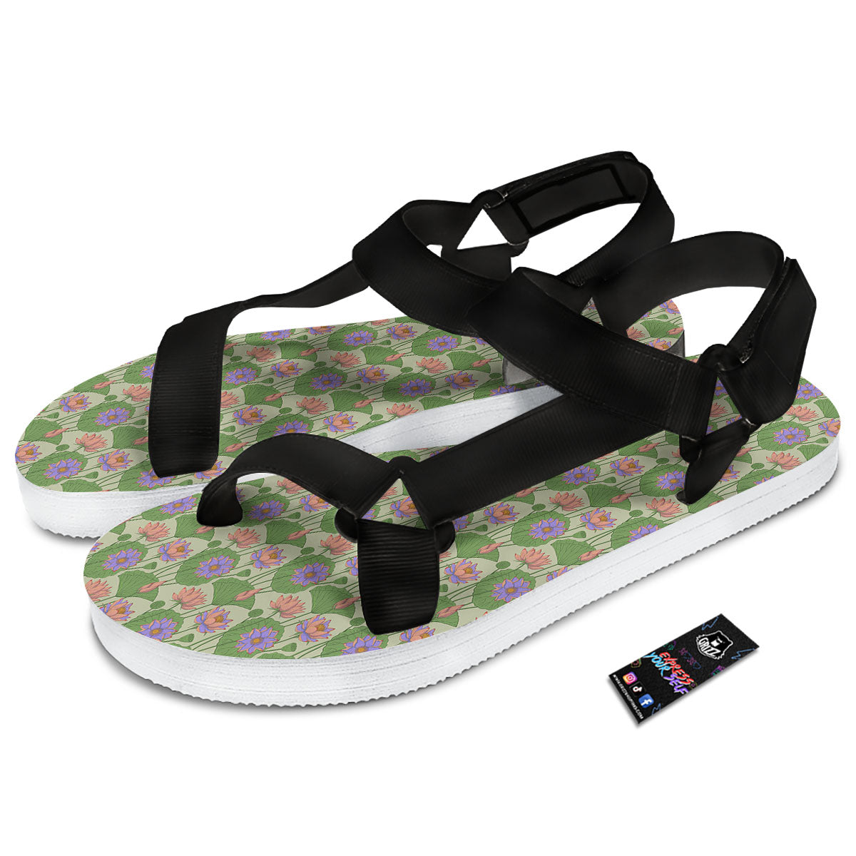 Lotus Leaf And Flower Print Pattern Black Open Toe Sandals-grizzshop