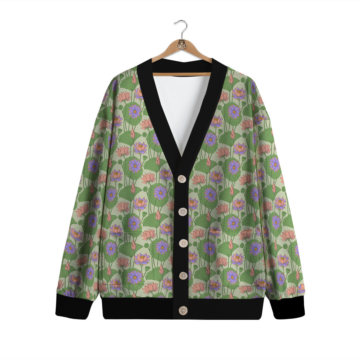 Lotus Leaf And Flower Print Pattern Cardigan-grizzshop