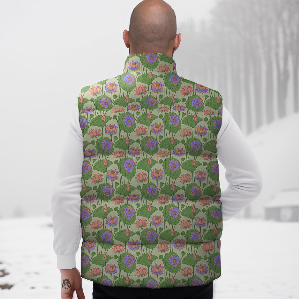 Lotus Leaf And Flower Print Pattern Down Vest