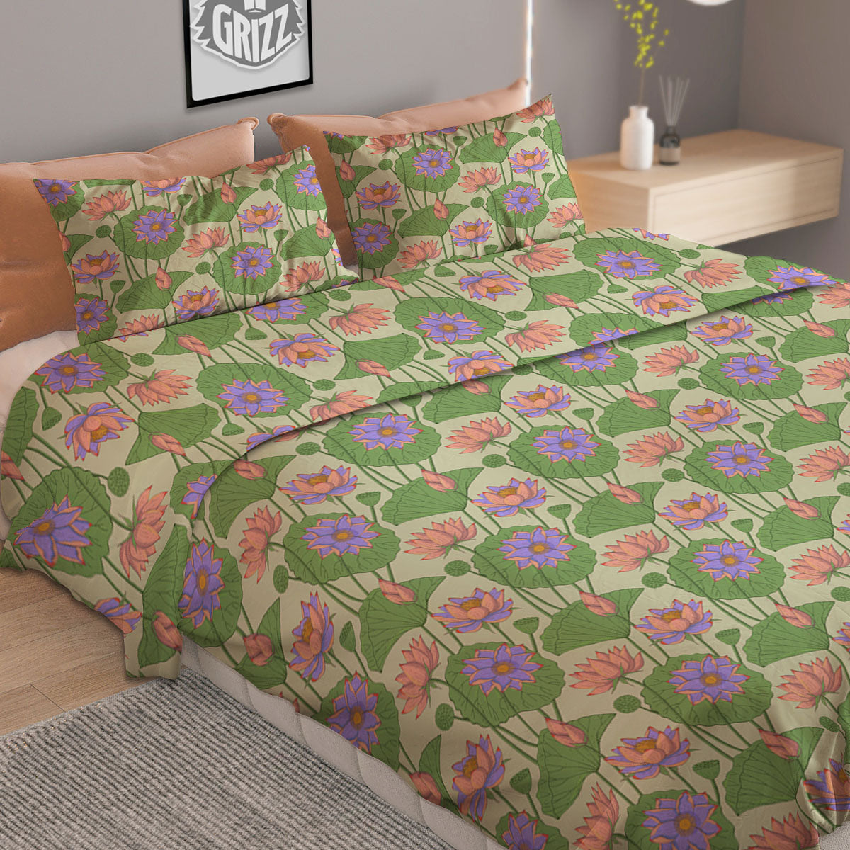 Lotus Leaf And Flower Print Pattern Duvet Cover Bedding Set