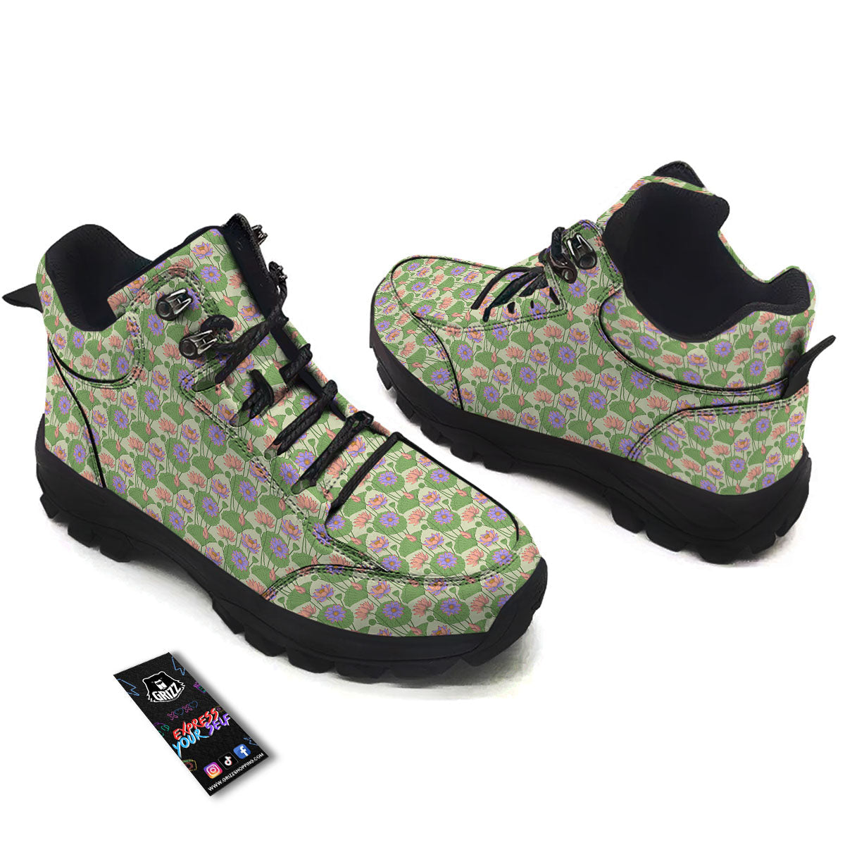 Lotus Leaf And Flower Print Pattern Hiking Shoes-grizzshop