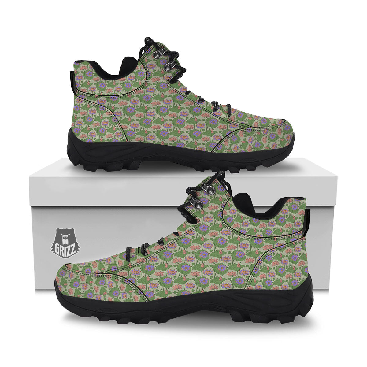 Lotus Leaf And Flower Print Pattern Hiking Shoes-grizzshop