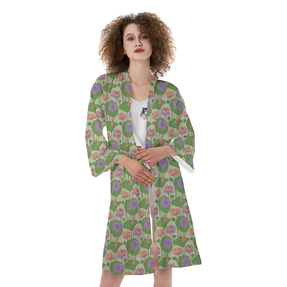 Lotus Leaf And Flower Print Pattern Kimono-grizzshop