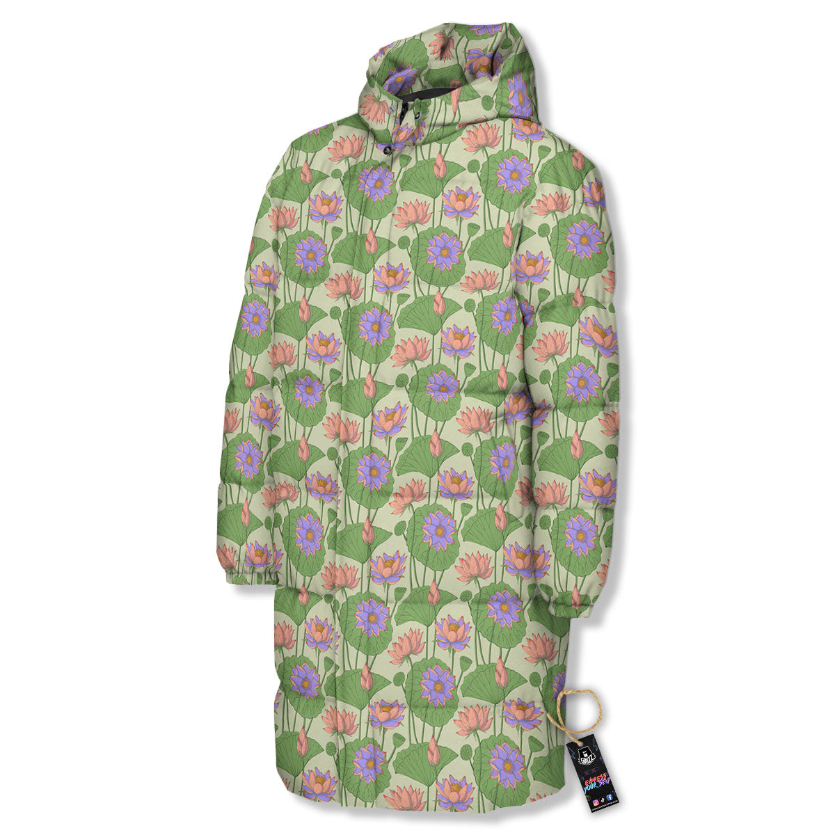Lotus Leaf And Flower Print Pattern Long Down Jacket-grizzshop