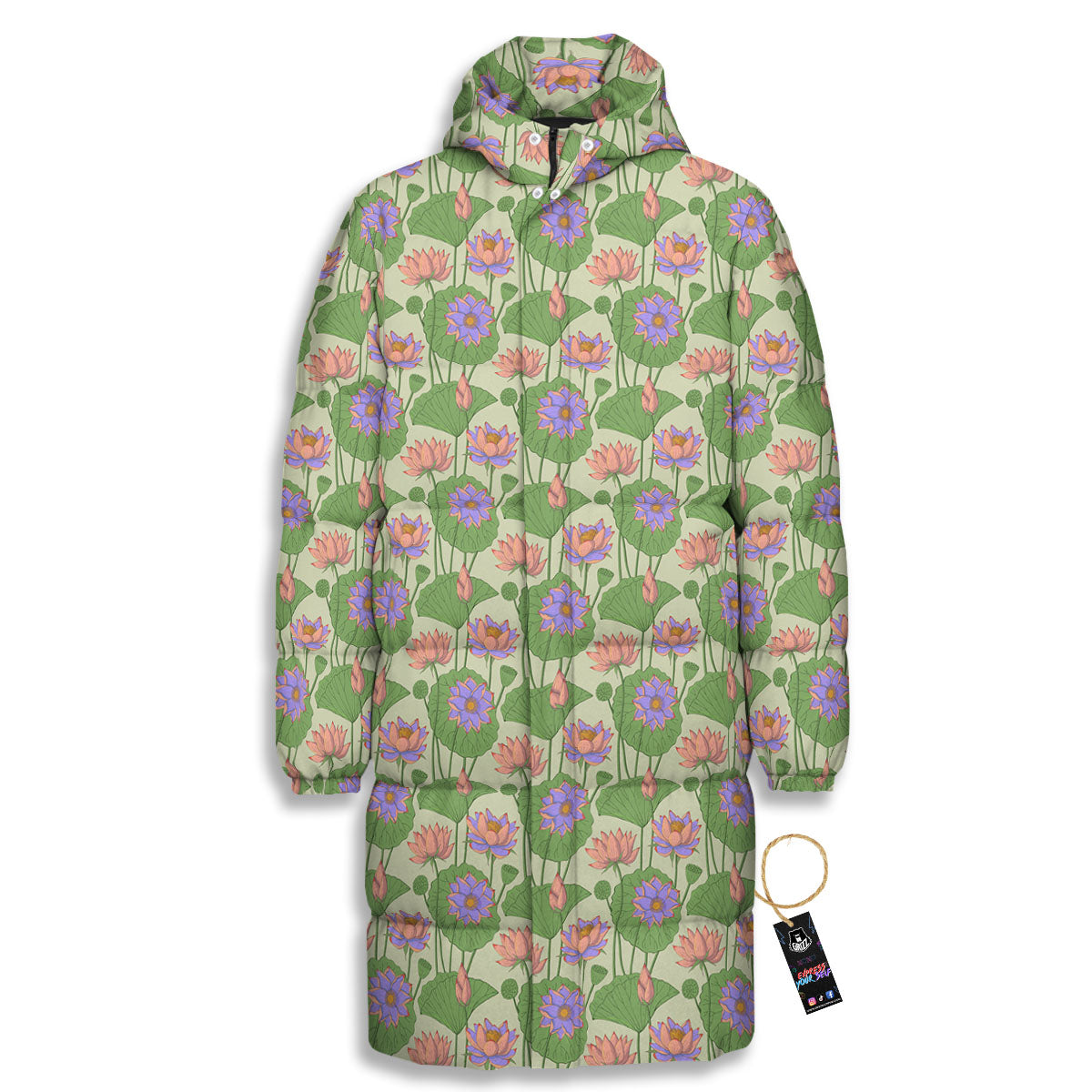 Lotus Leaf And Flower Print Pattern Long Down Jacket-grizzshop