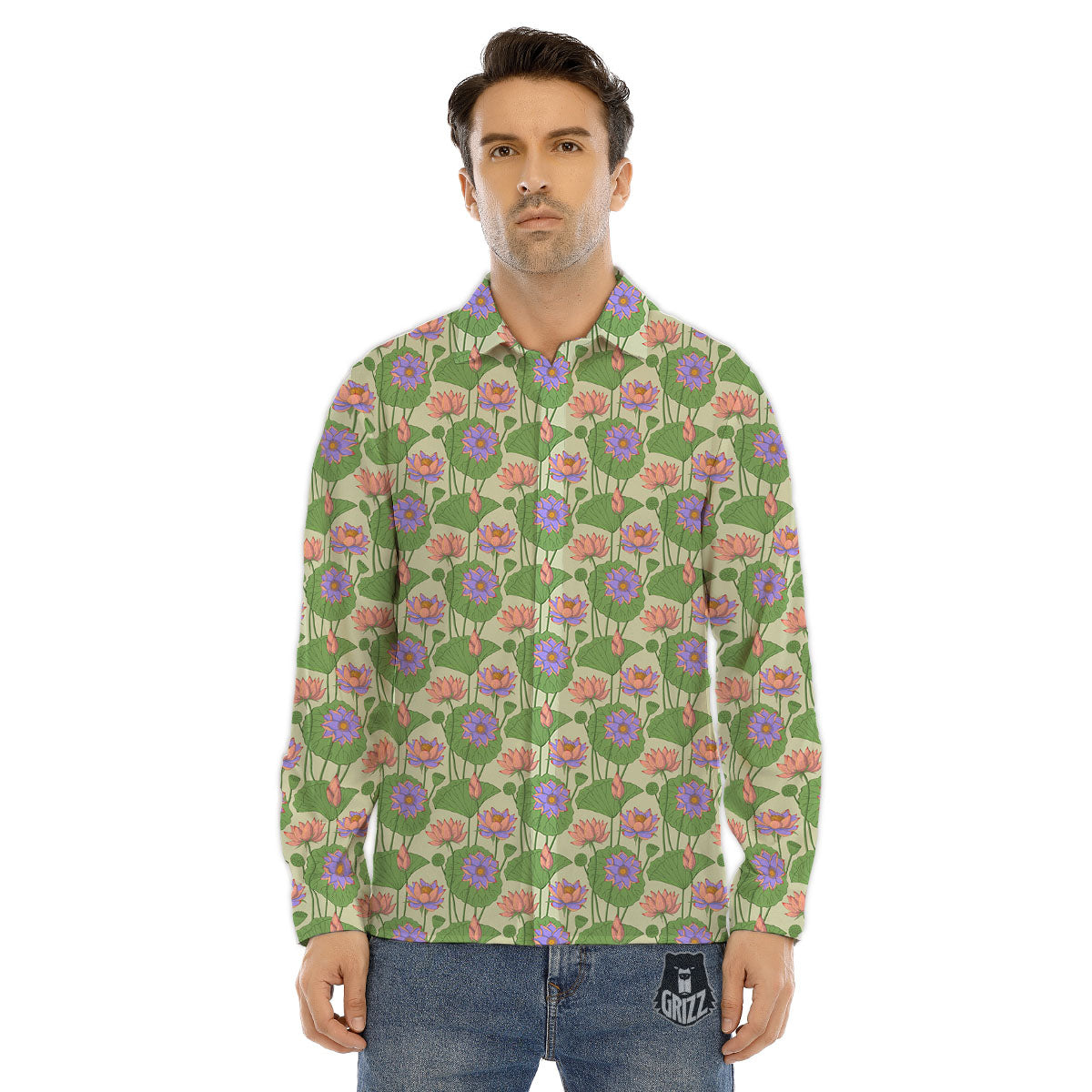 Lotus Leaf And Flower Print Pattern Men's Dress Shirts-grizzshop