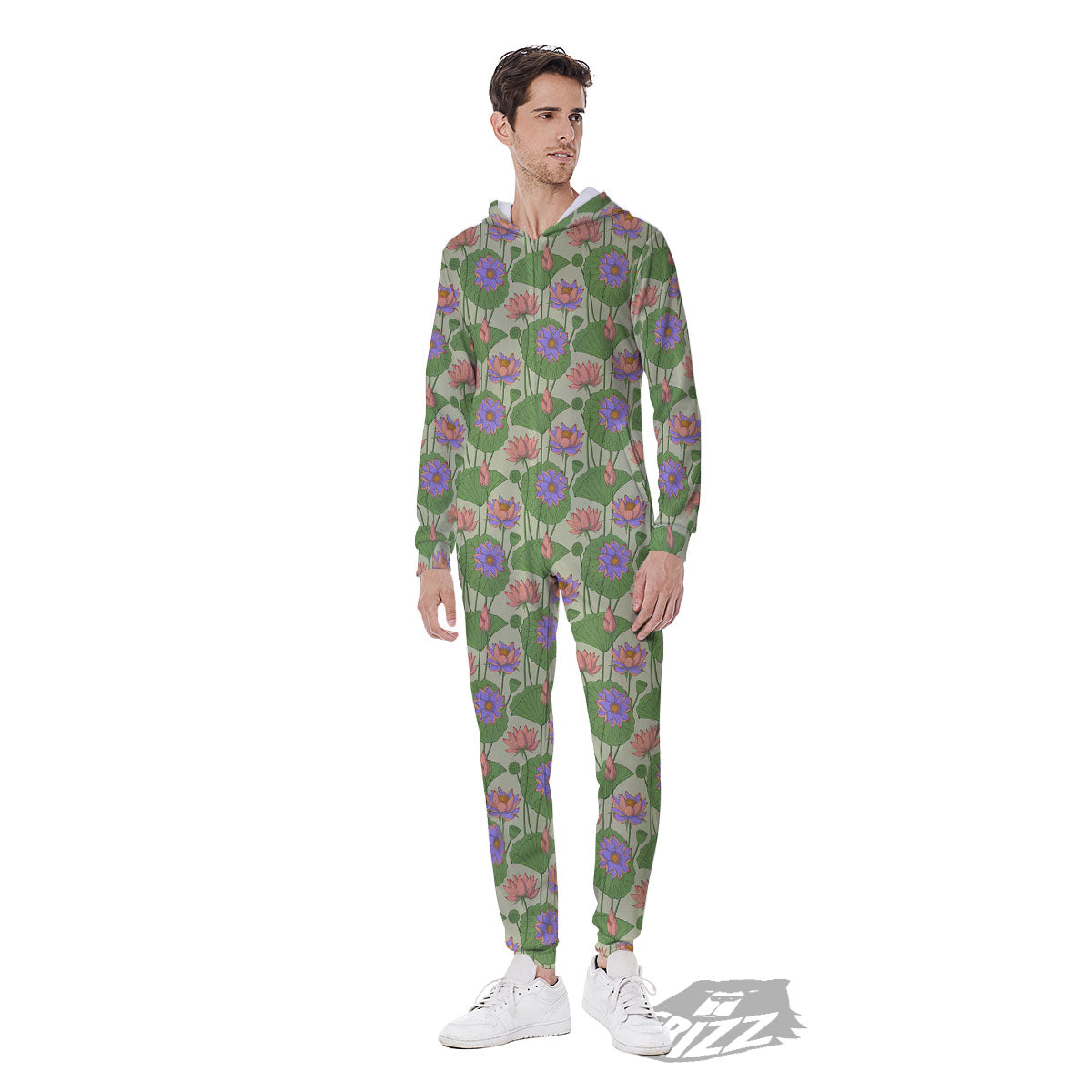 Lotus Leaf And Flower Print Pattern Men's Jumpsuit-grizzshop