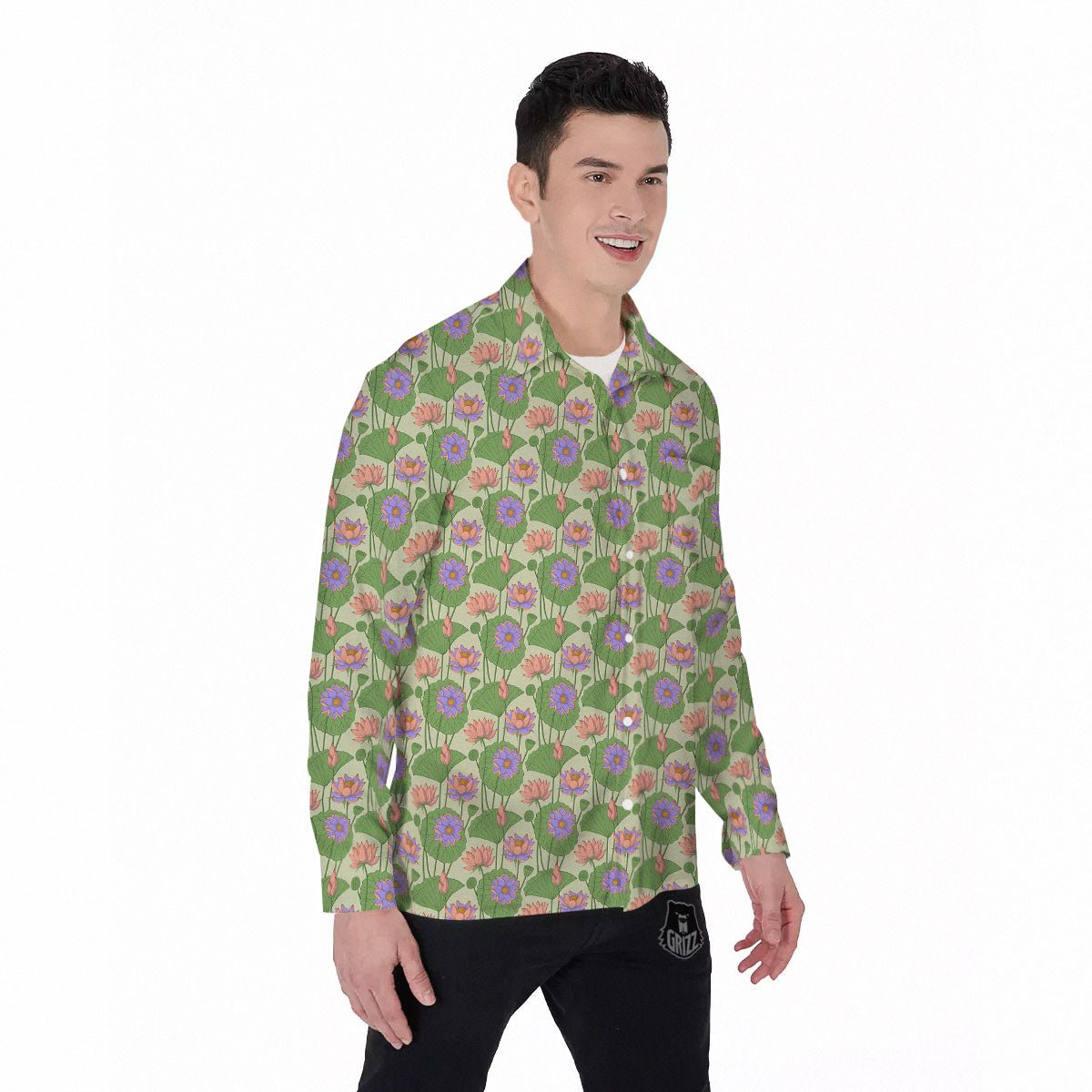 Lotus Leaf And Flower Print Pattern Men's Long Sleeve Shirts-grizzshop