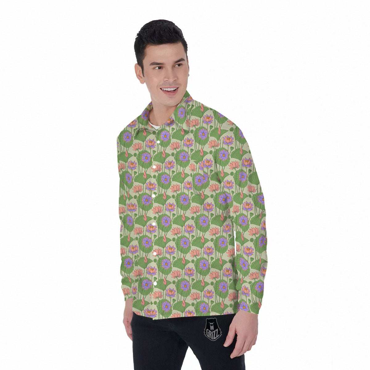 Lotus Leaf And Flower Print Pattern Men's Long Sleeve Shirts-grizzshop