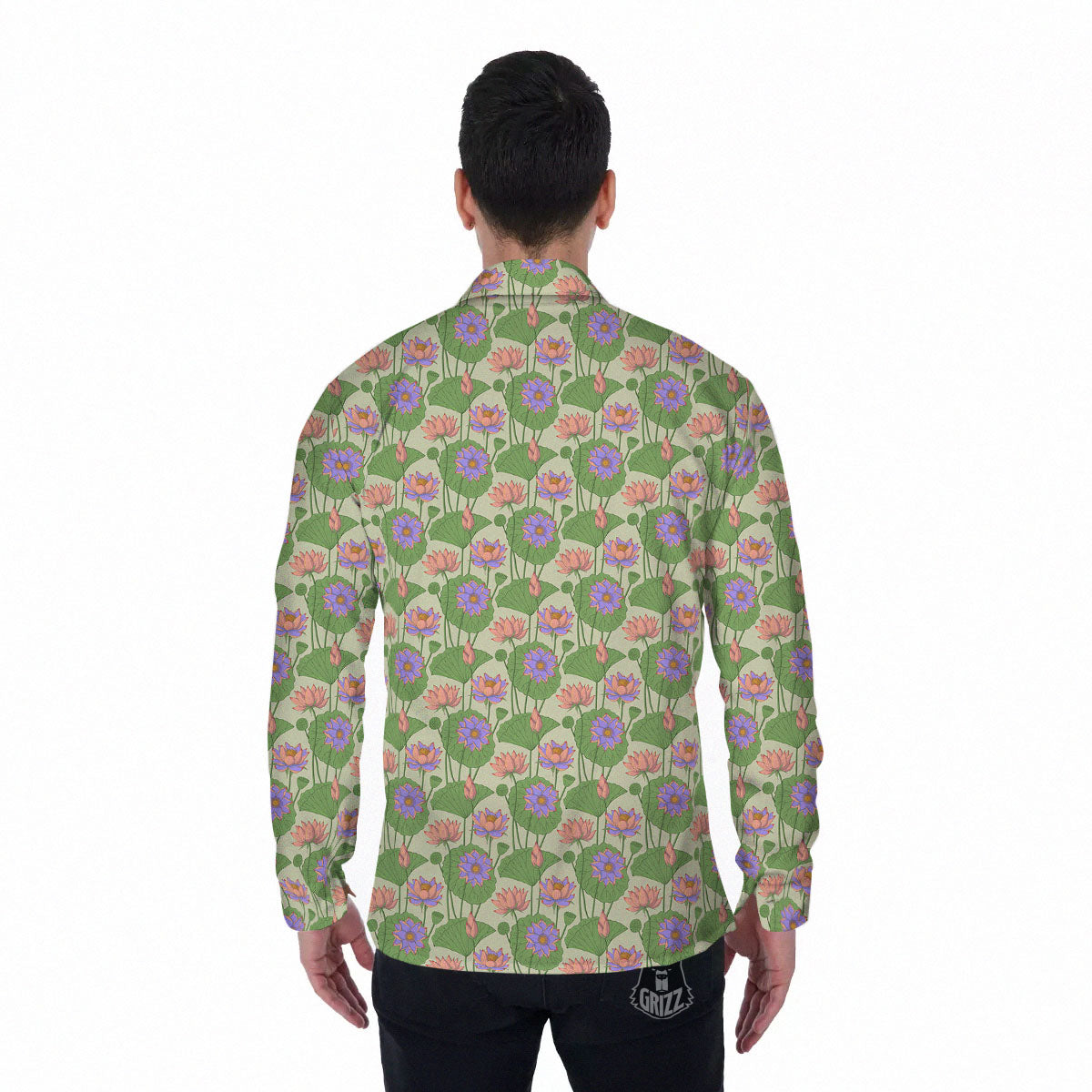 Lotus Leaf And Flower Print Pattern Men's Long Sleeve Shirts-grizzshop