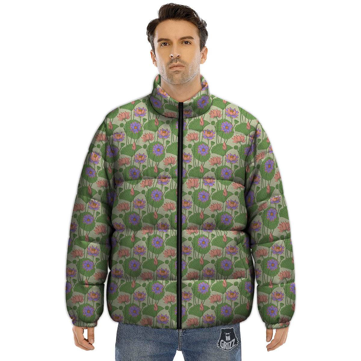 Lotus Leaf And Flower Print Pattern Puffer Jacket-grizzshop