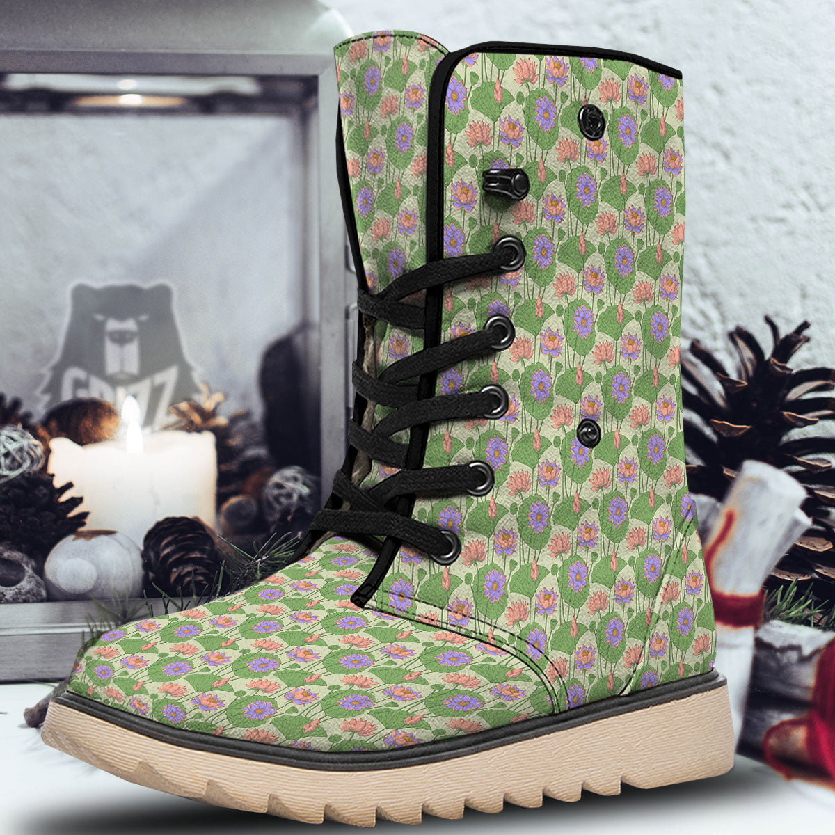 Lotus Leaf And Flower Print Pattern Snow Boots-grizzshop