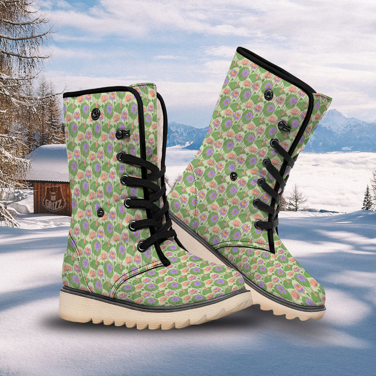 Lotus Leaf And Flower Print Pattern Snow Boots-grizzshop