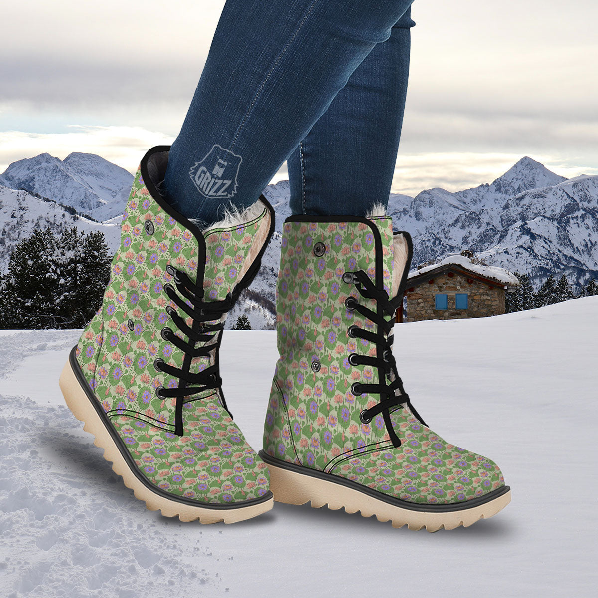Lotus Leaf And Flower Print Pattern Snow Boots-grizzshop