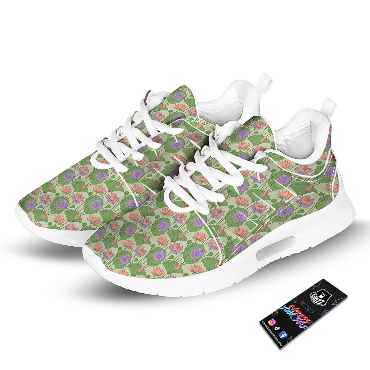 Lotus Leaf And Flower Print Pattern Tennis Shoes-grizzshop