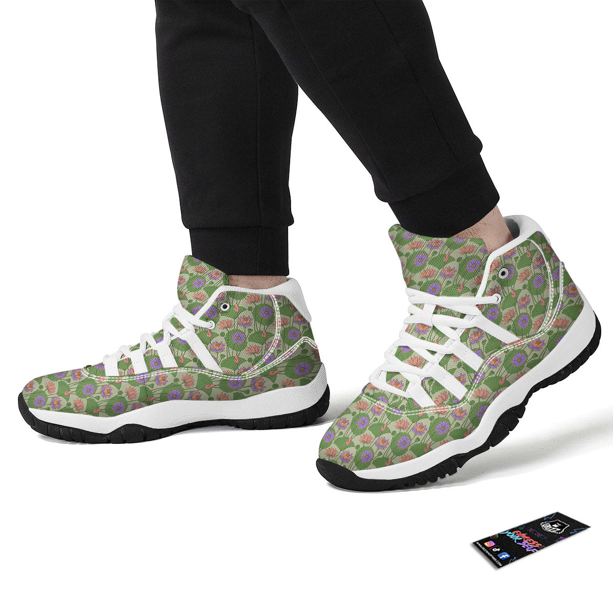 Lotus Leaf And Flower Print Pattern White Bball Shoes-grizzshop