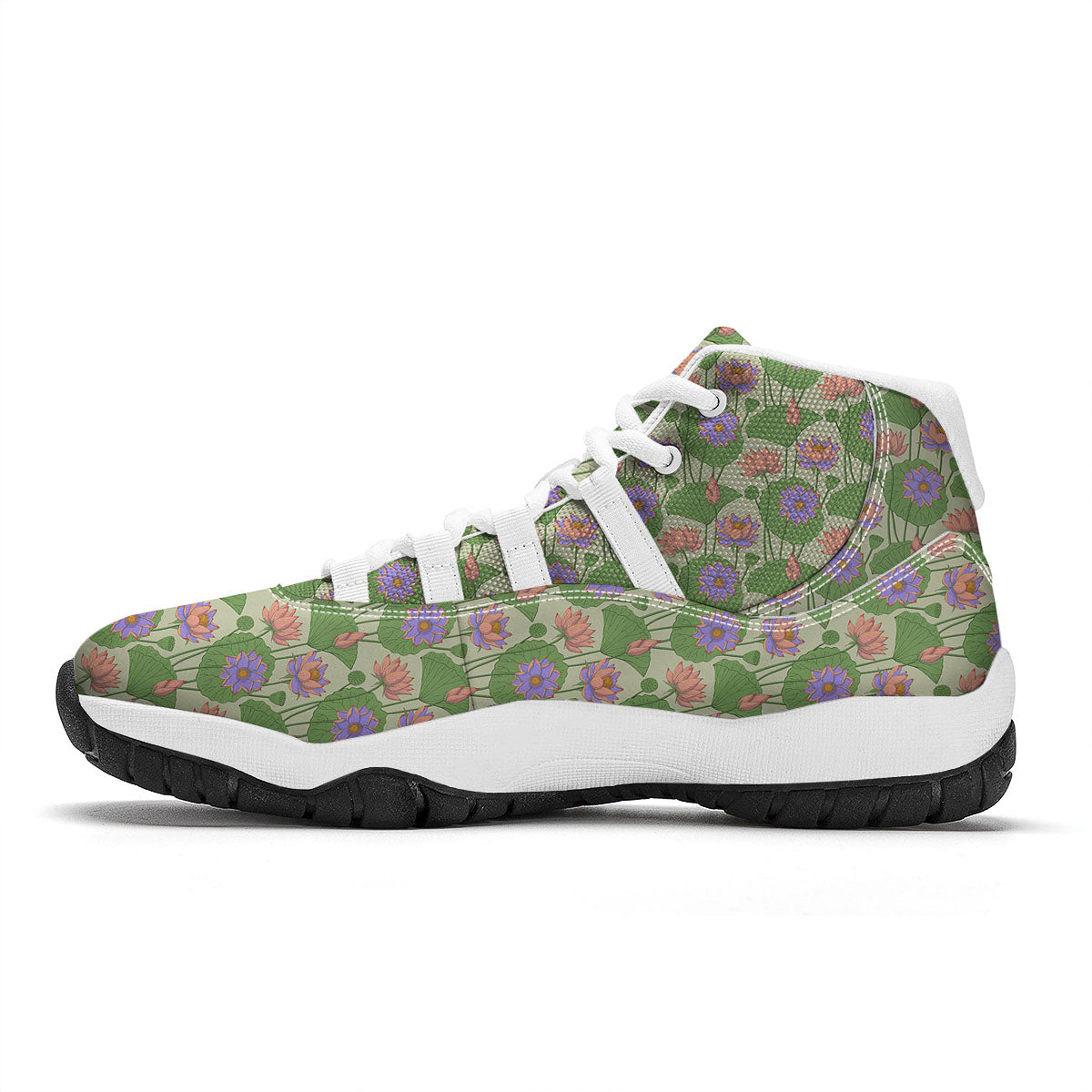 Lotus Leaf And Flower Print Pattern White Bball Shoes-grizzshop
