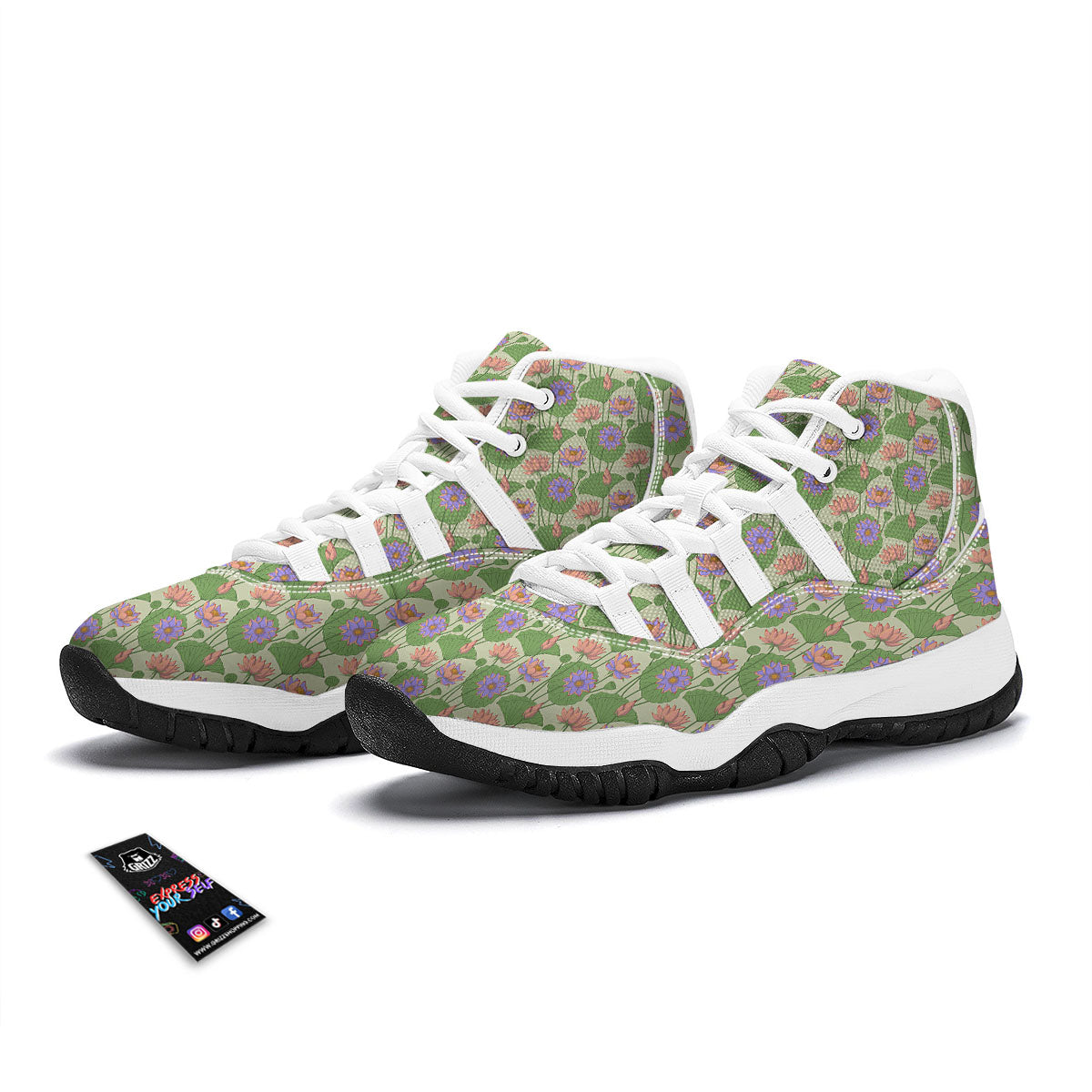 Lotus Leaf And Flower Print Pattern White Bball Shoes-grizzshop