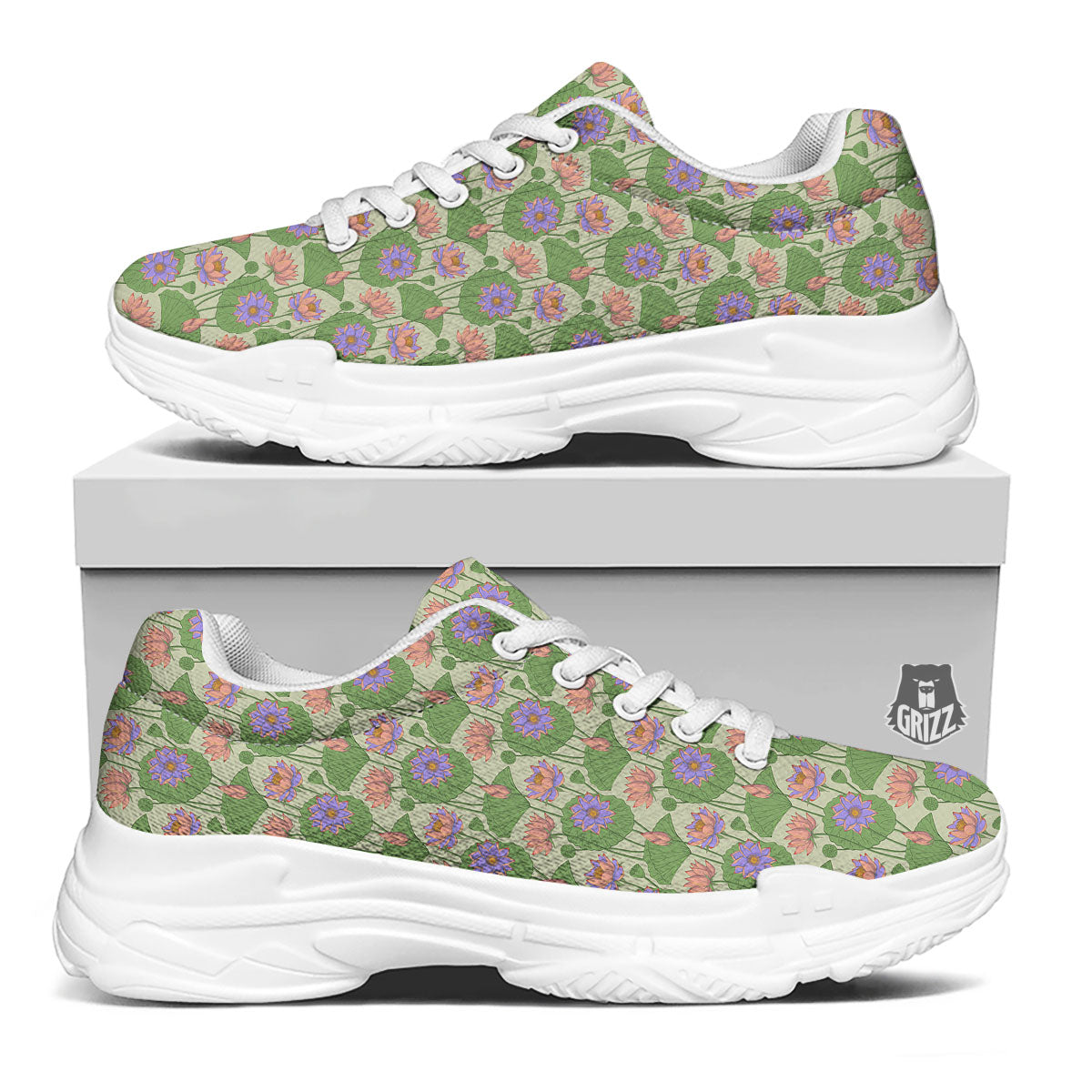Lotus Leaf And Flower Print Pattern White Chunky Shoes-grizzshop