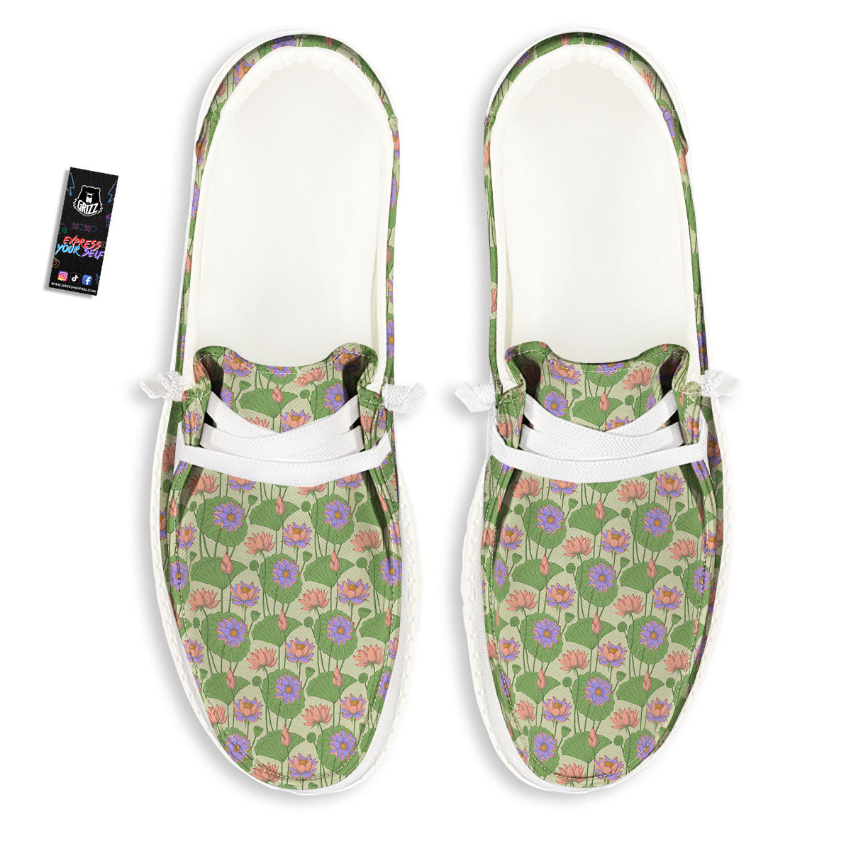 Lotus Leaf And Flower Print Pattern White Loafers-grizzshop