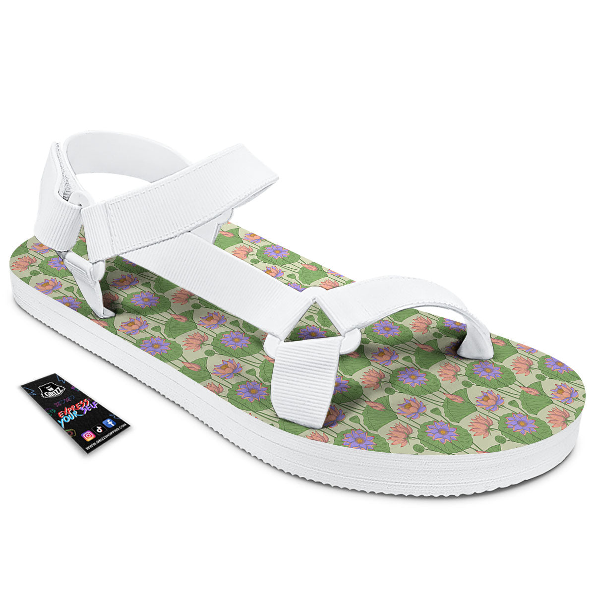 Lotus Leaf And Flower Print Pattern White Open Toe Sandals-grizzshop