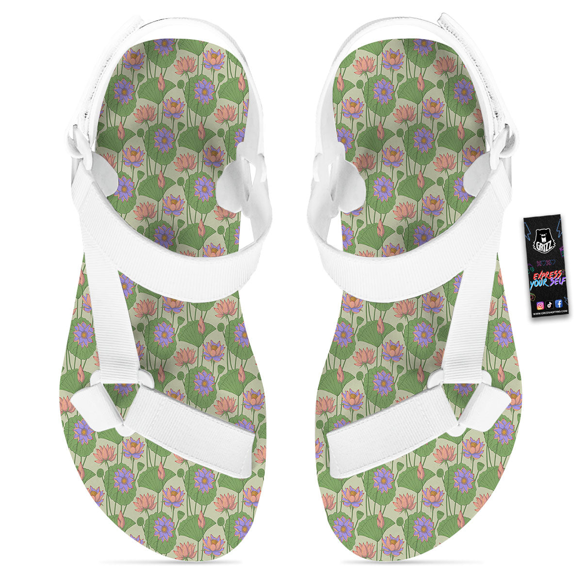 Lotus Leaf And Flower Print Pattern White Open Toe Sandals-grizzshop