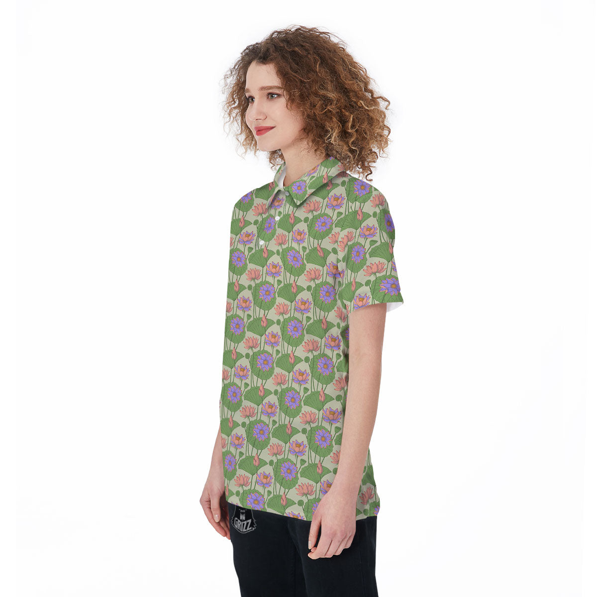 Lotus Leaf And Flower Print Pattern Women's Golf Shirts-grizzshop