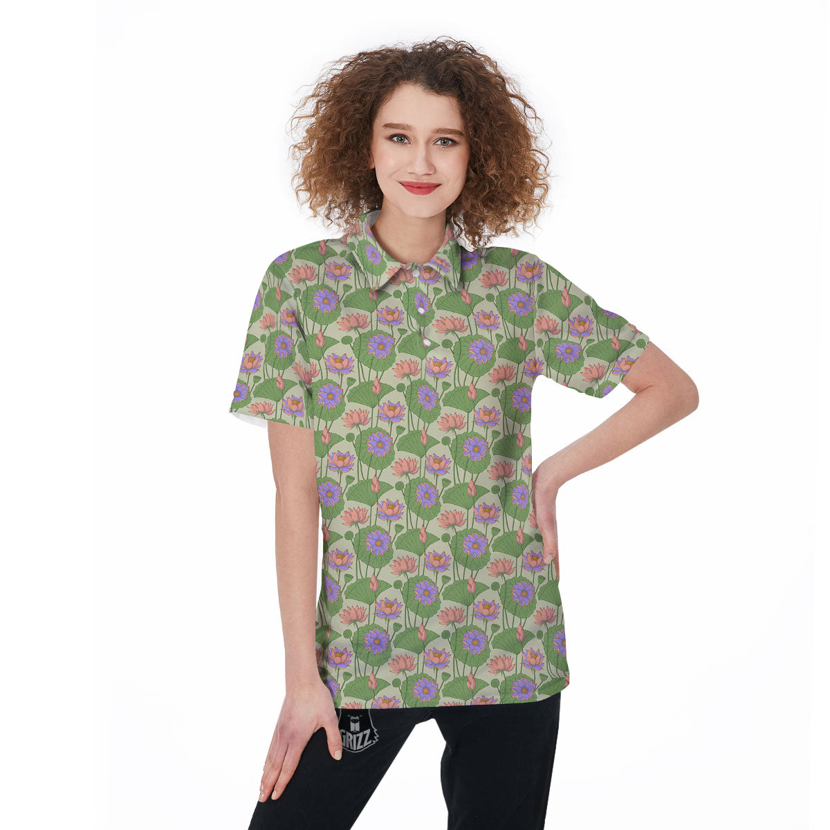 Lotus Leaf And Flower Print Pattern Women's Golf Shirts-grizzshop