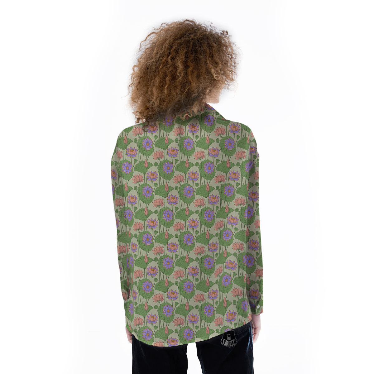 Lotus Leaf And Flower Print Pattern Women's Long Sleeve Shirts-grizzshop