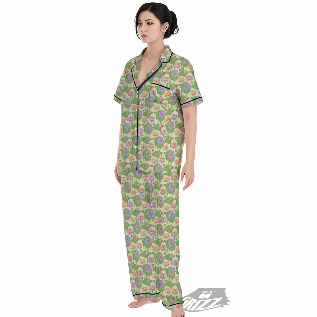 Lotus Leaf And Flower Print Pattern Women's Pajamas Set-grizzshop