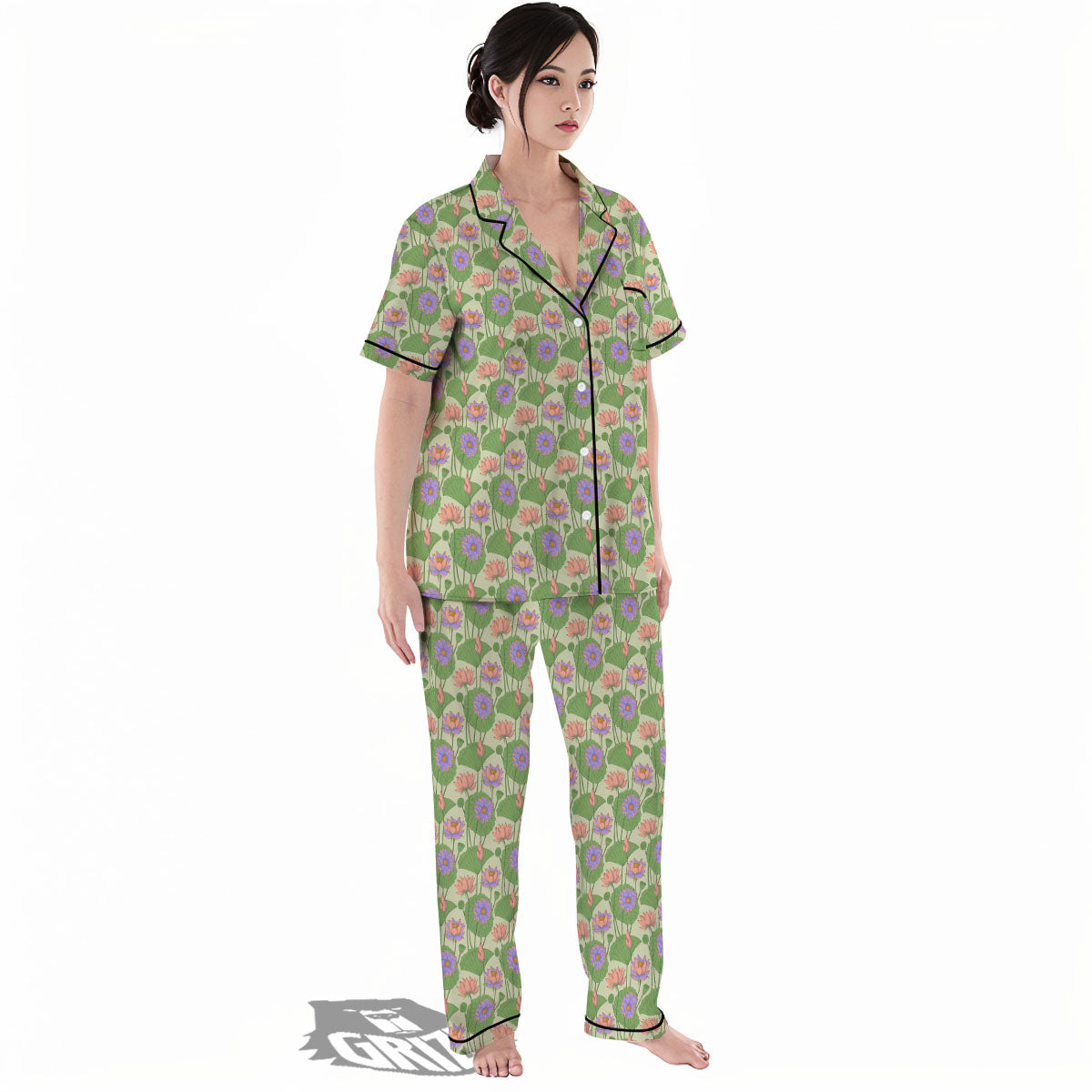 Lotus Leaf And Flower Print Pattern Women's Pajamas Set-grizzshop