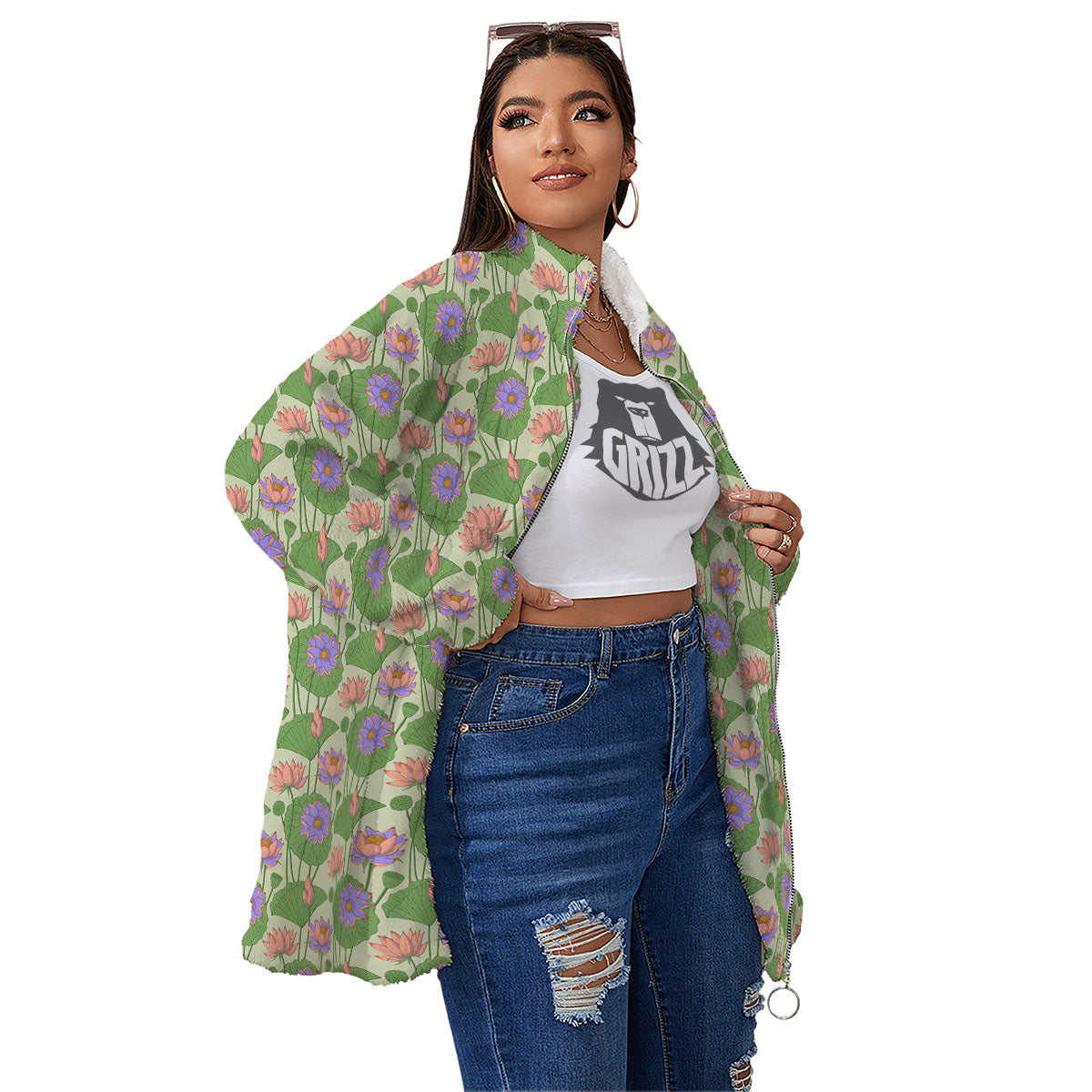 Lotus Leaf And Flower Print Pattern Women's Sherpa Jacket-grizzshop