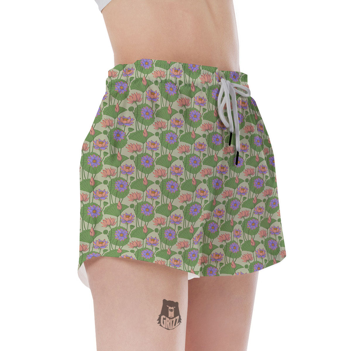 Lotus Leaf And Flower Print Pattern Women's Shorts-grizzshop