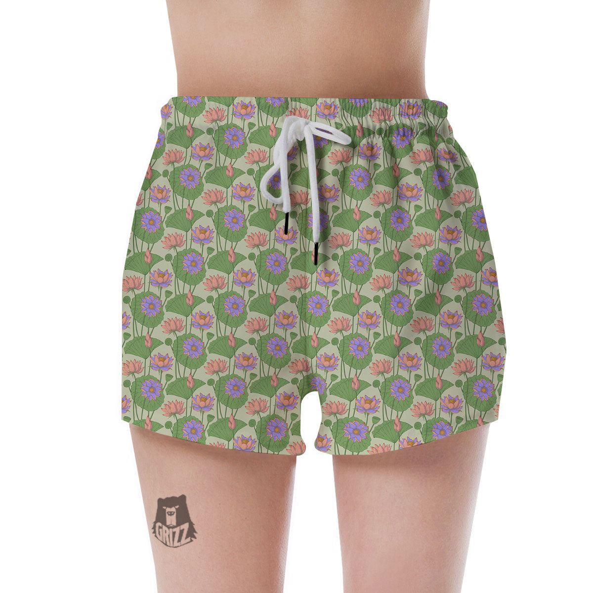 Lotus Leaf And Flower Print Pattern Women's Shorts-grizzshop