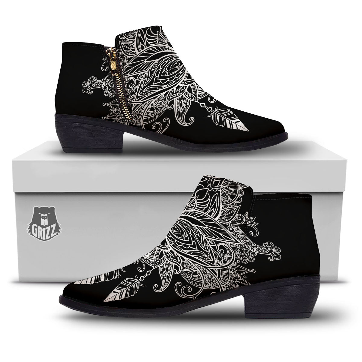 Lotus Mandala White And Black Print Ankle Boots-grizzshop