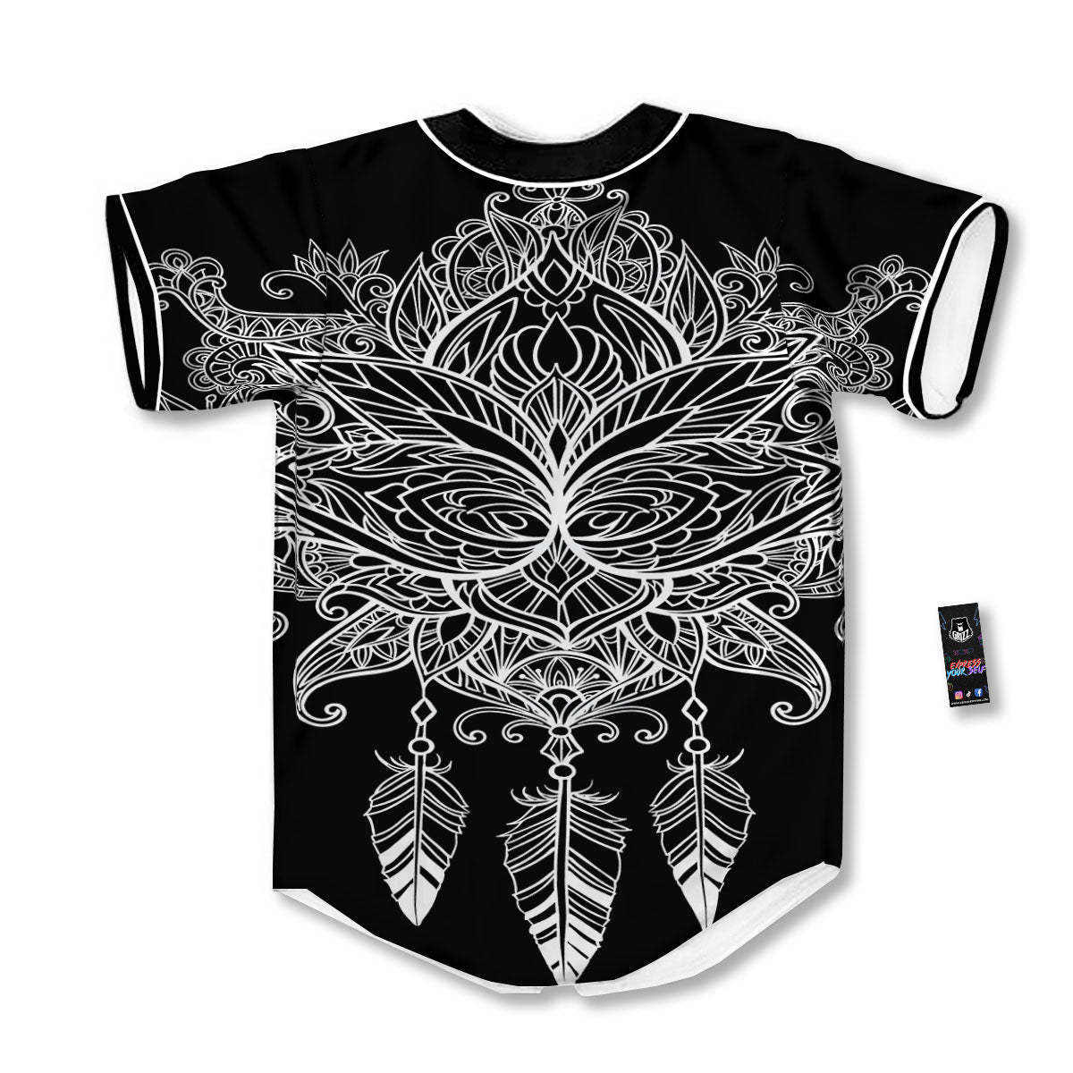 Lotus Mandala White And Black Print Baseball Jersey-grizzshop