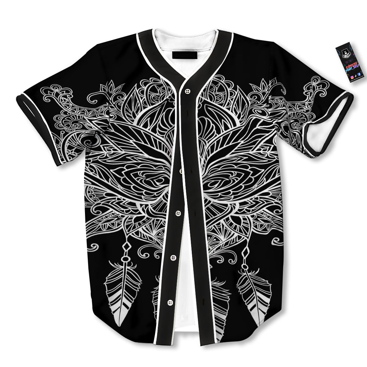 Lotus Mandala White And Black Print Baseball Jersey-grizzshop