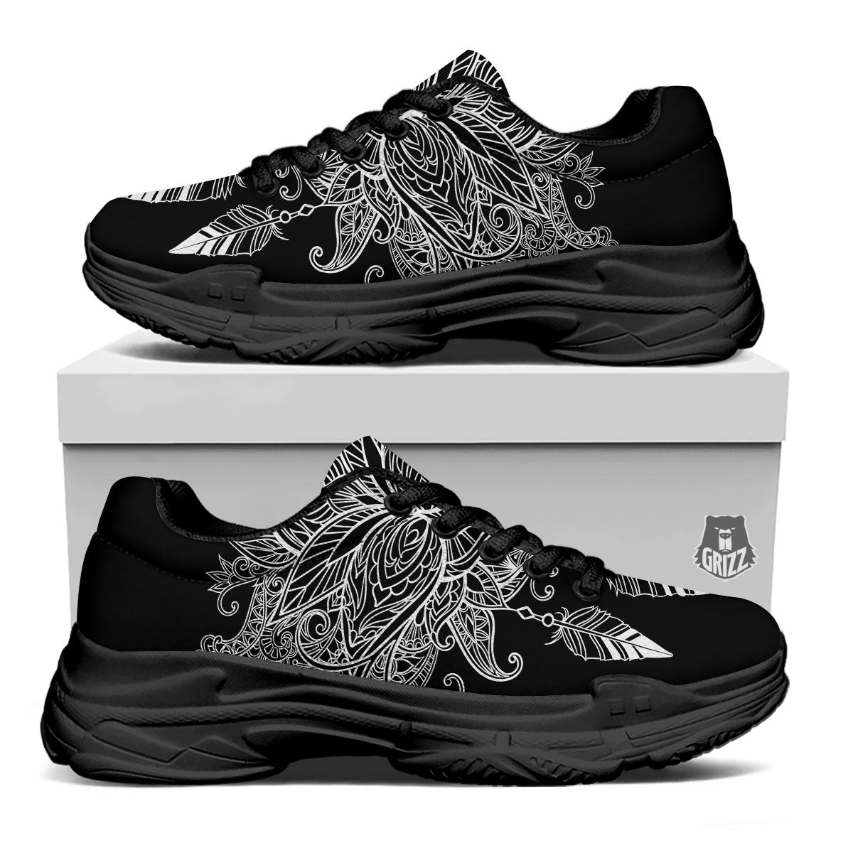 Lotus Mandala White And Black Print Black Chunky Shoes-grizzshop