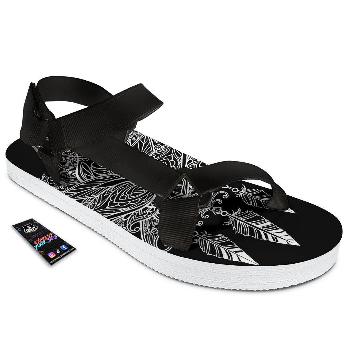 Lotus Mandala White And Black Print Black Open Toe Sandals-grizzshop