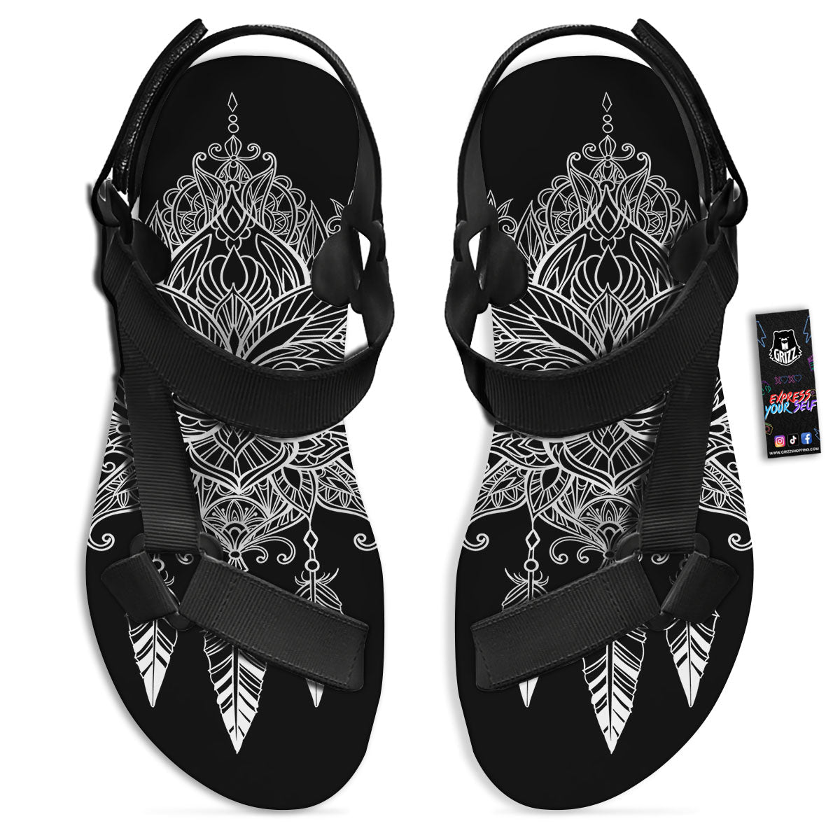 Lotus Mandala White And Black Print Black Open Toe Sandals-grizzshop