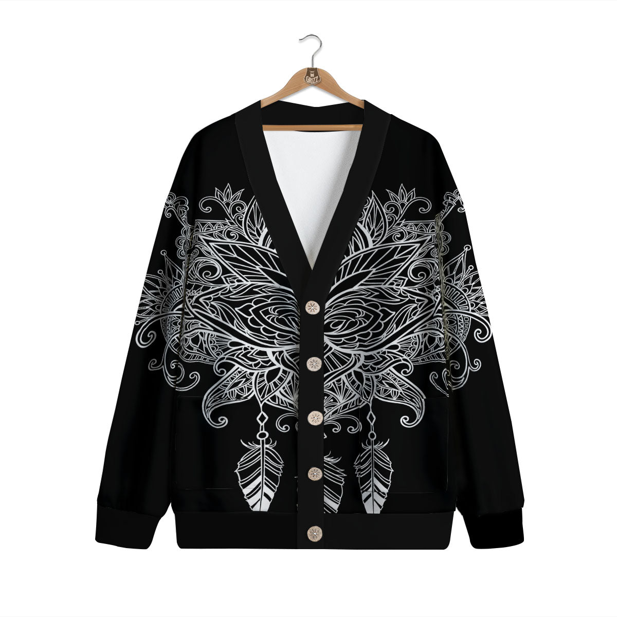 Lotus Mandala White And Black Print Cardigan-grizzshop