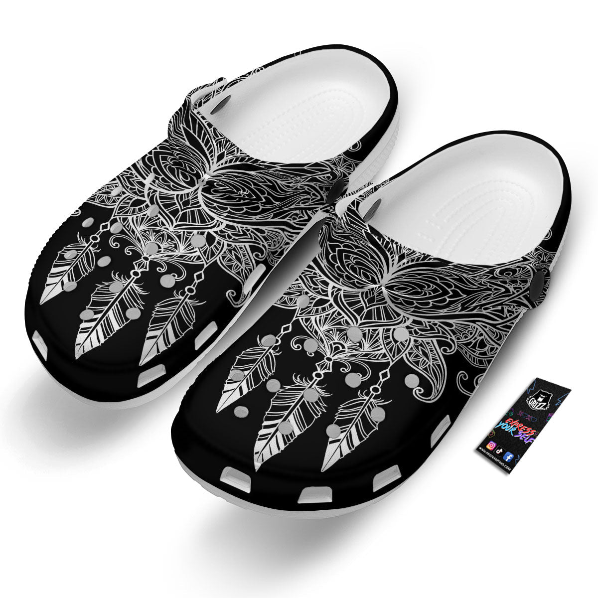 Lotus Mandala White And Black Print Clog-grizzshop