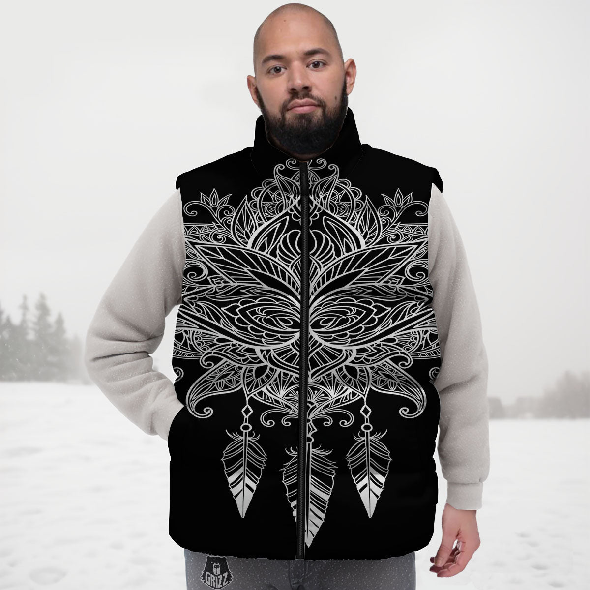 Lotus Mandala White And Black Print Down Vest