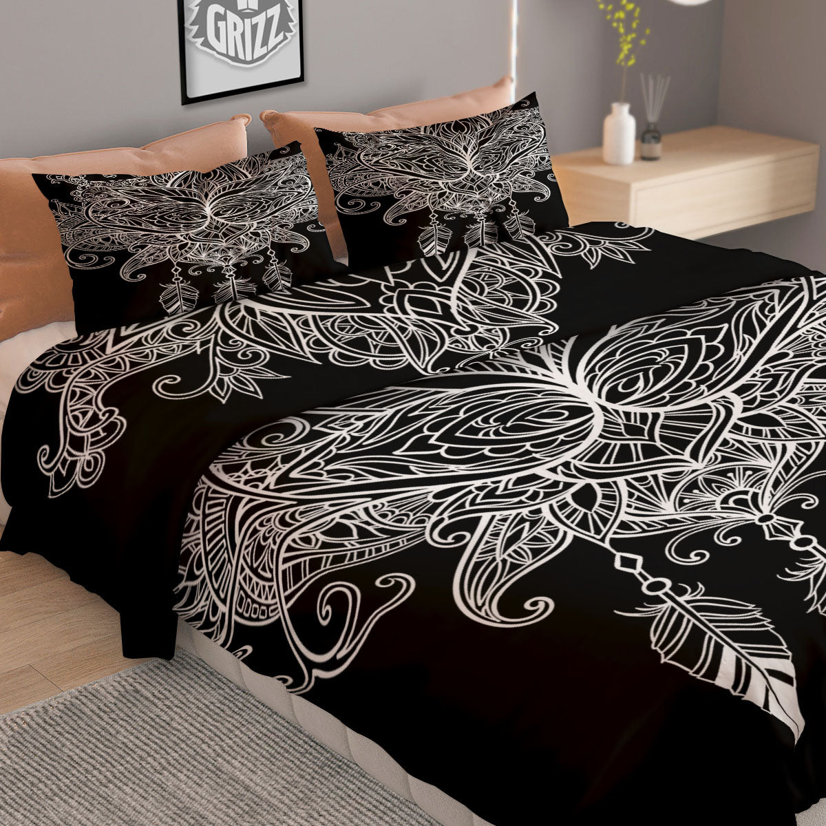 Lotus Mandala White And Black Print Duvet Cover Bedding Set
