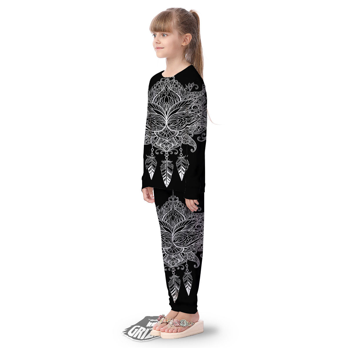Lotus Mandala White And Black Print Kid's Pajamas-grizzshop