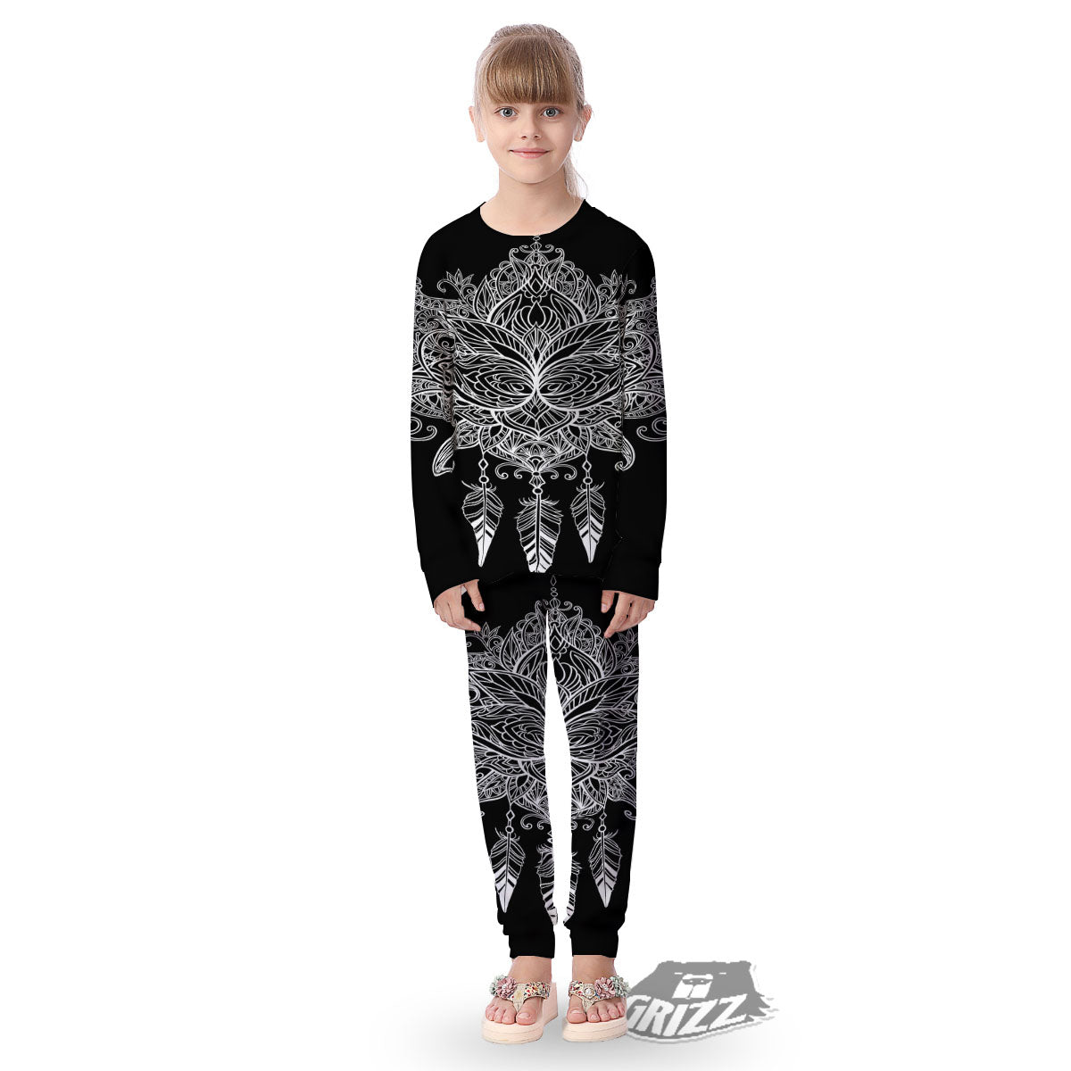 Lotus Mandala White And Black Print Kid's Pajamas-grizzshop