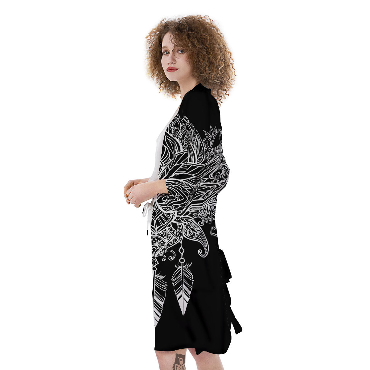 Lotus Mandala White And Black Print Kimono-grizzshop