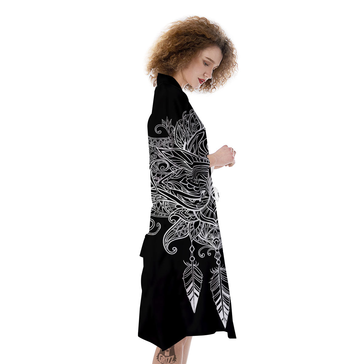 Lotus Mandala White And Black Print Kimono-grizzshop