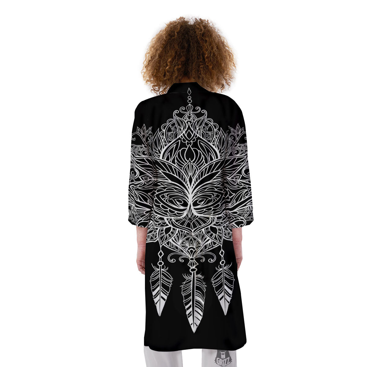 Lotus Mandala White And Black Print Kimono-grizzshop